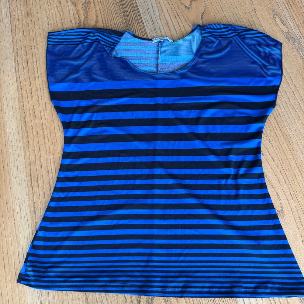 Vintage Suzie Top Women’s XL Short Sleeve Blue Black Striped Stretch Top Blouse